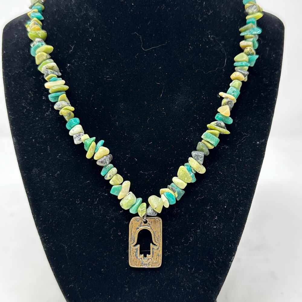 Unbranded Boho Necklace With Chip Style Stone Beads + Gold Tone Hamsa Pendant